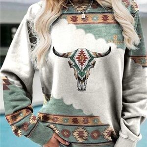 SHEIN Southwestern Bull Skull Sweatshirt - Green and Cream NWOT